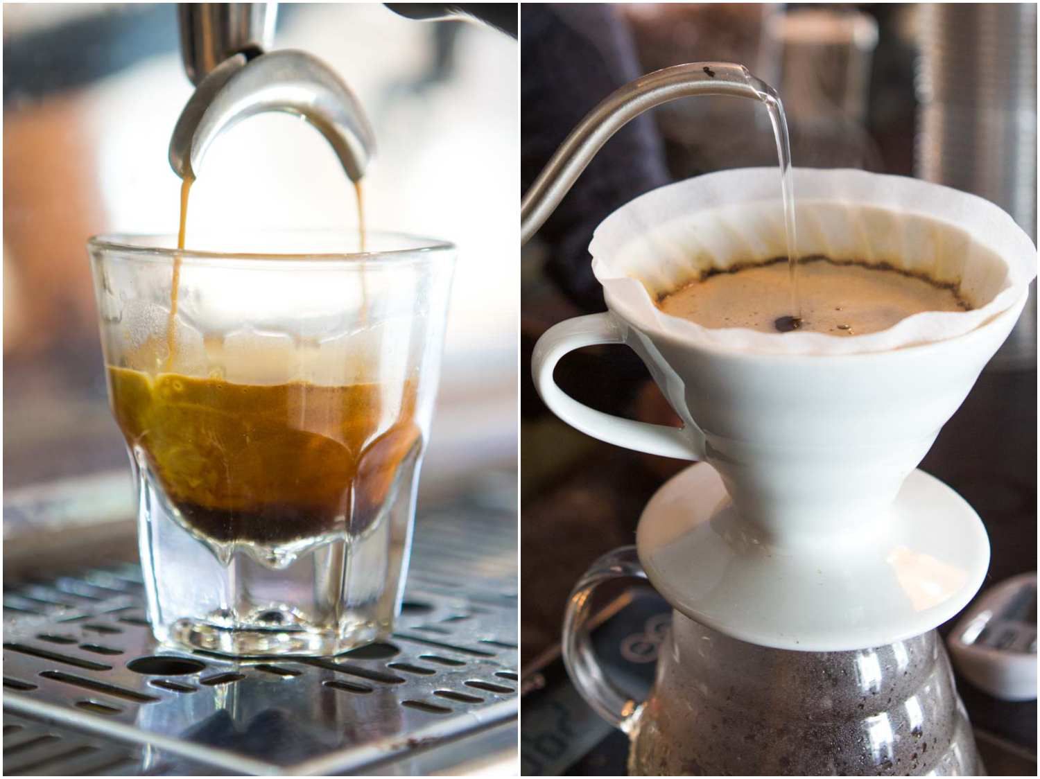 A side-by-side comparison of espresso being brewed into a thick shot glass and a goose-neck kettle adding water to a pour-over coffee brewer.