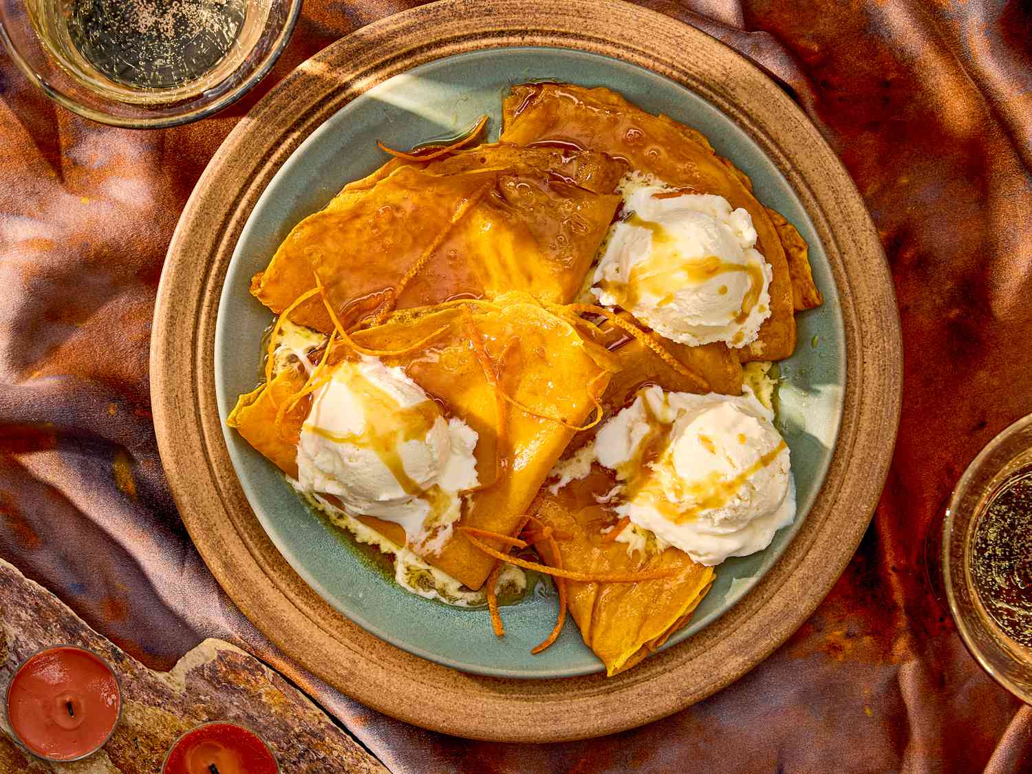 Plated crepes with topping and garnishing