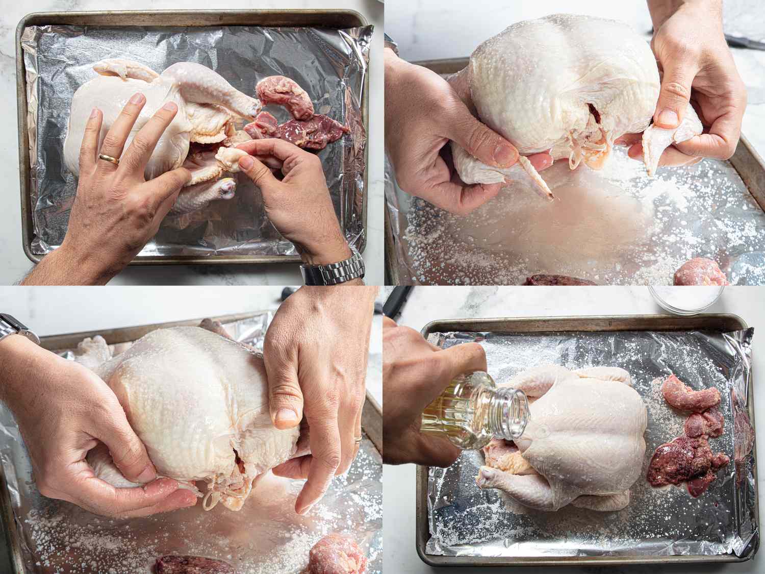 Preparing a whole chicken by cleaning seasoning and oiling on a foillined baking tray