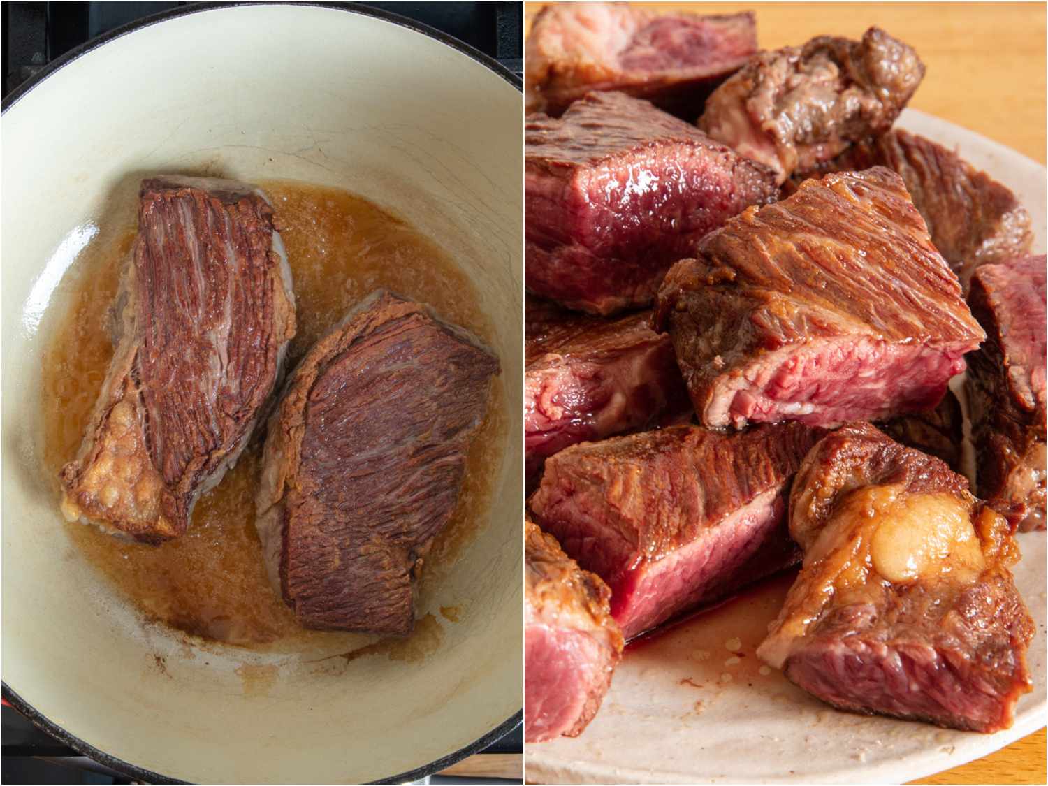 collage: searing beef in dutch oven; beef on a plate