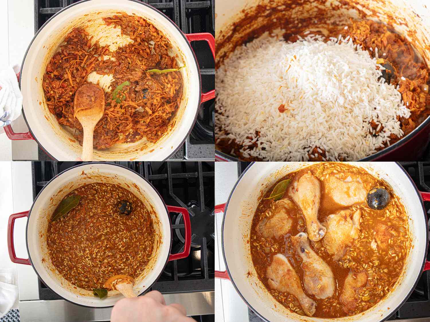 Four images stepbystep showing cooking a dish with rice and chicken in a pot