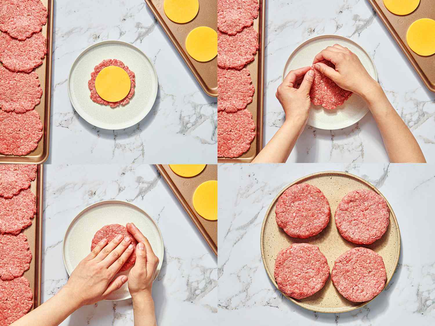 Four image collage of assembling and sealing burgers around cheese round