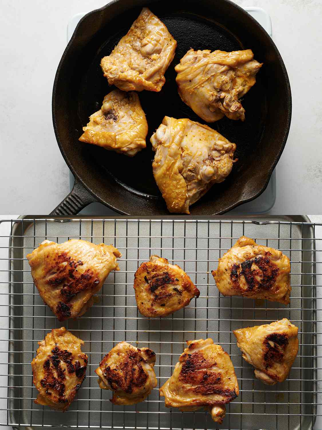 Two Image Collage. Top: Chicken added to a cast iron skillet. Bottom Image: Finished chicken inasal resting on a wire rack over a baking sheet. 