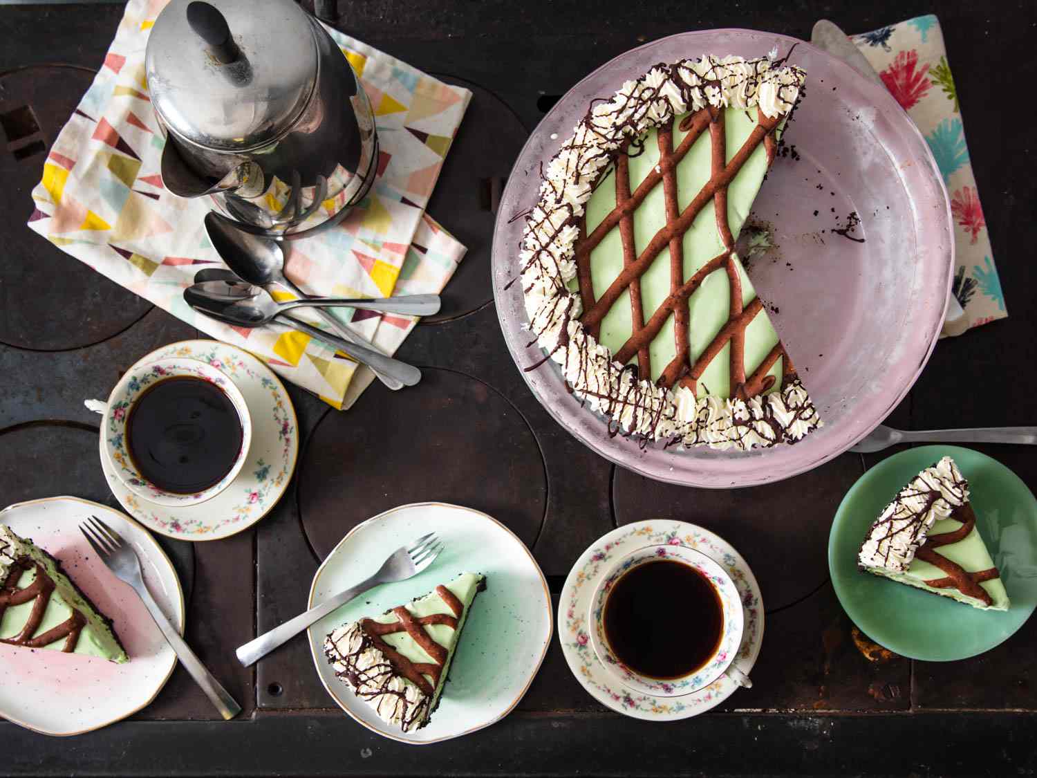 A tabletop with servings of grasshopper pie