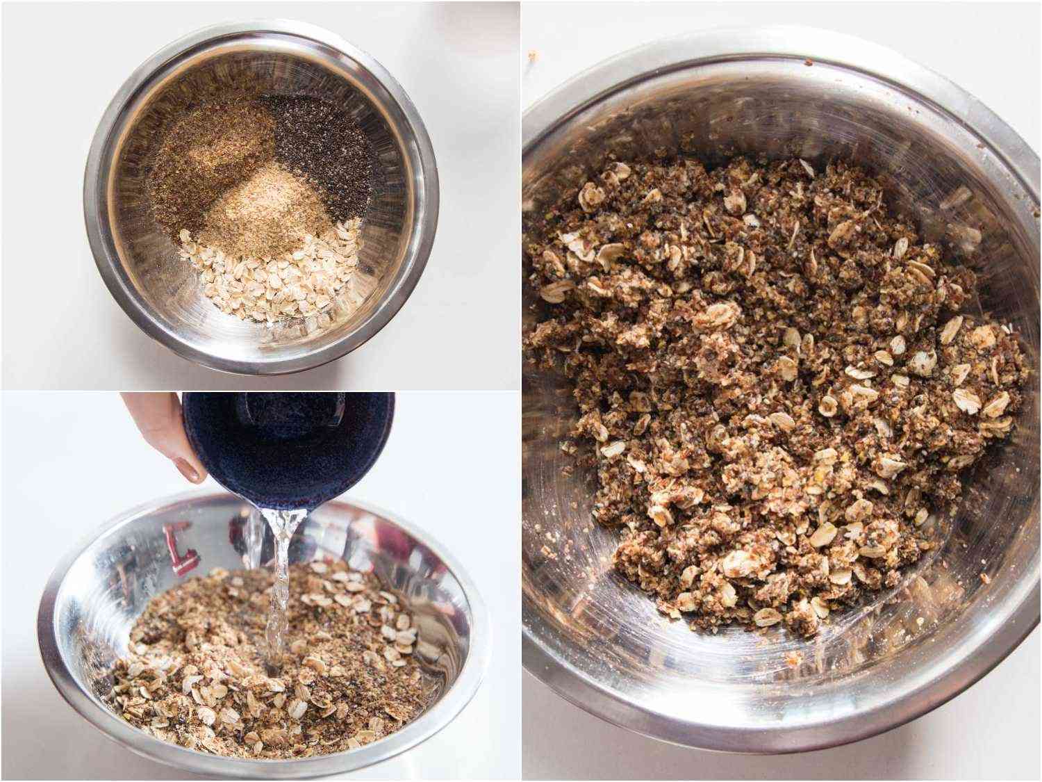 A collage of three images: combining the grains and adding water, soaking them in a mixing bowl.