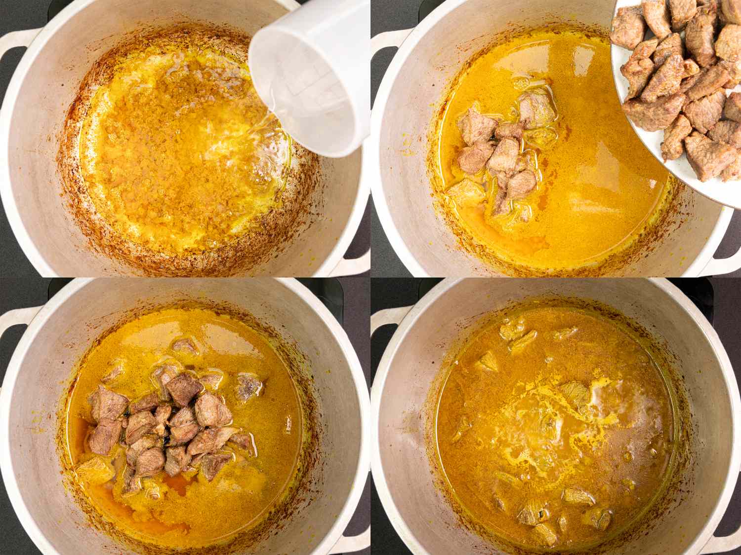 Stepbystep cooking sequence of khoreshe beh stew in a pot with meat being added and broth simmering