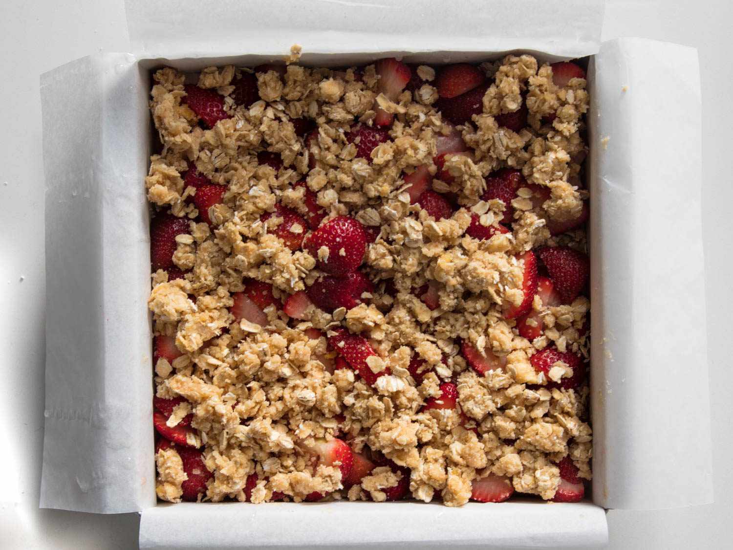 Strawberry oatmeal bar in a square pan. 