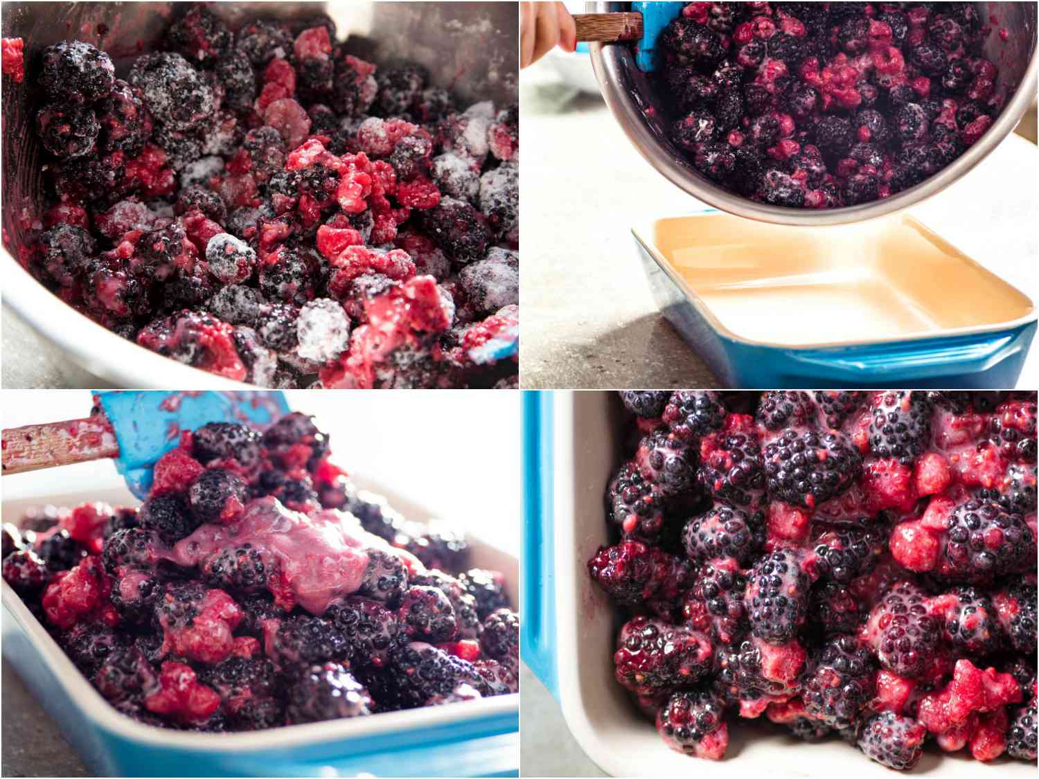 Collage of blackberries being tossed with sugar, baking soda, and tapioca starch and then being turned out into a baking dish.