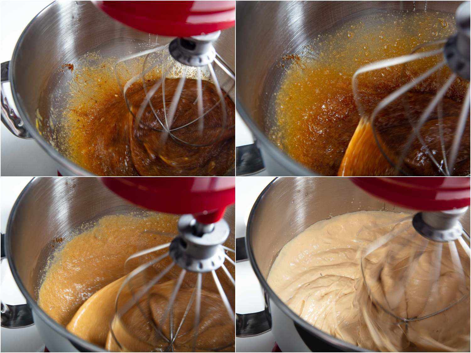 Stages of color and volume progression as the eggs and sugar are whipped, from dense, dark, and runny to airy, pale, and thick.