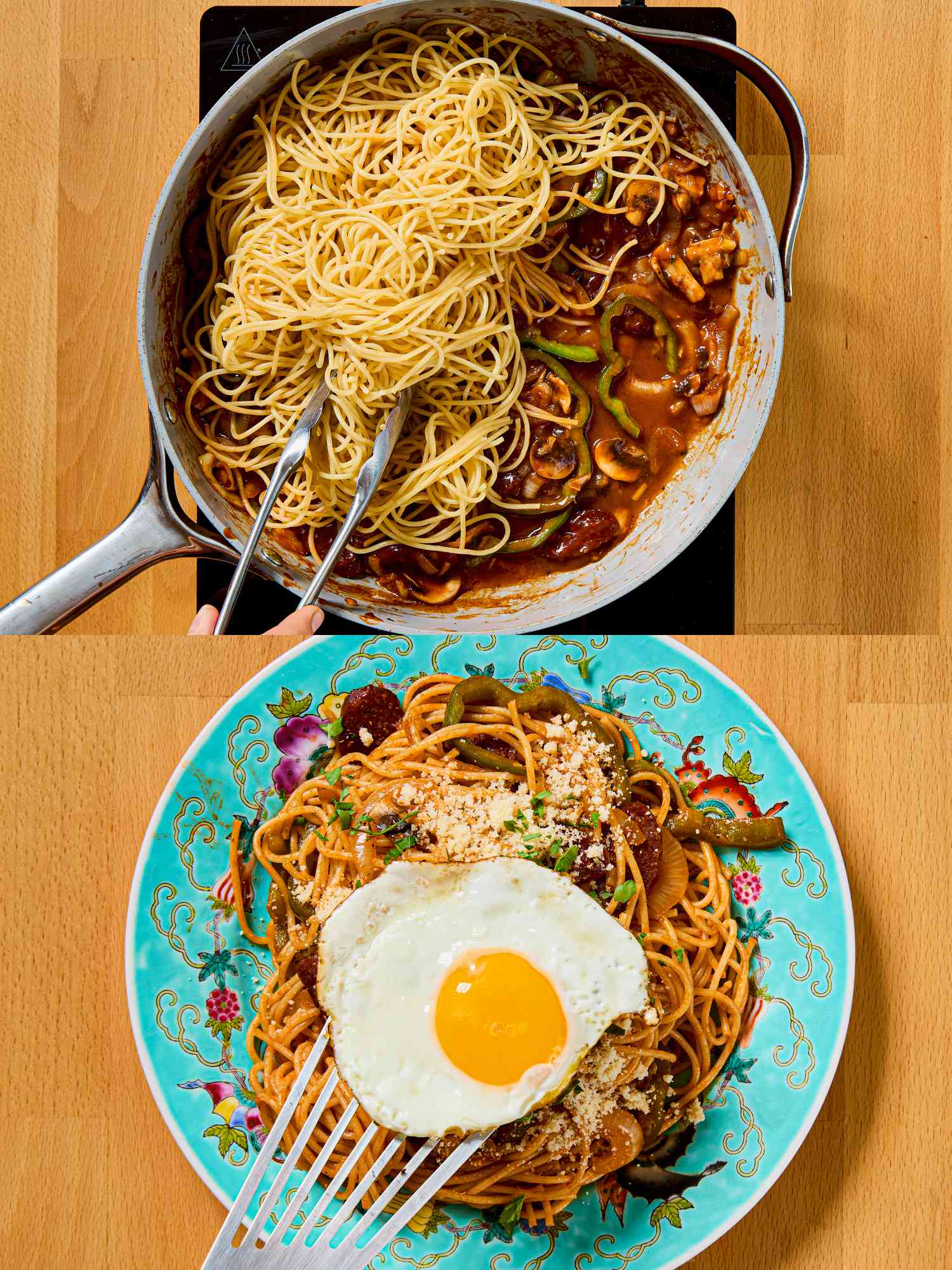 2 image collage. Top: adding spaghetti into pan. Bottom: adding fried egg on plated spaghetti 