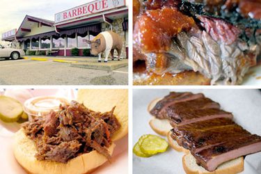 A collage of a barbecue restaurant and different types of barbecue. 