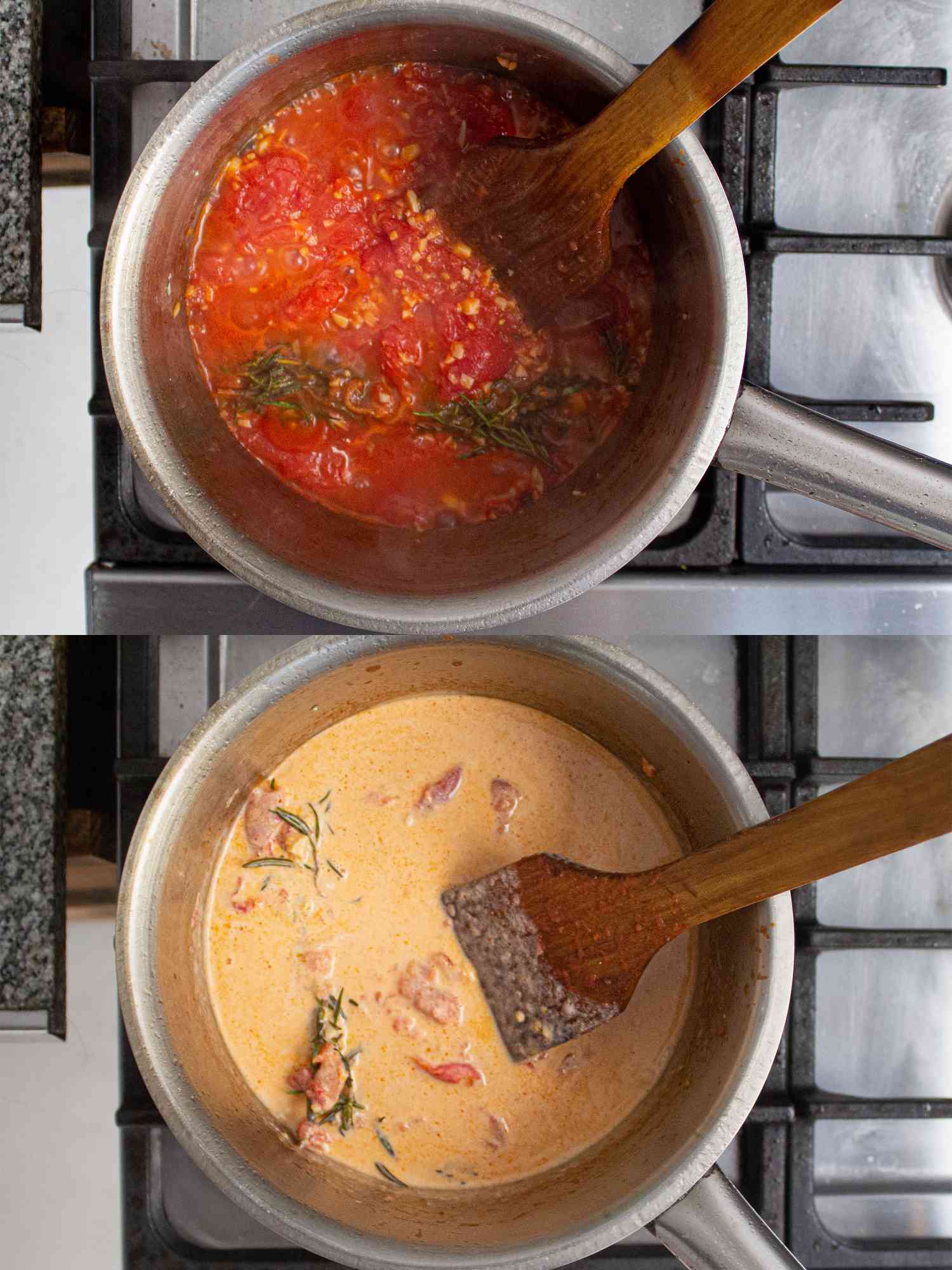 Two image collage of sauce being made