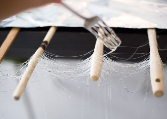 pulling sugar strands on kitchen utensils