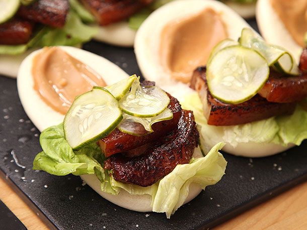 Sous vide pork belly steamed buns with mayo, quick pickles, and lettuce