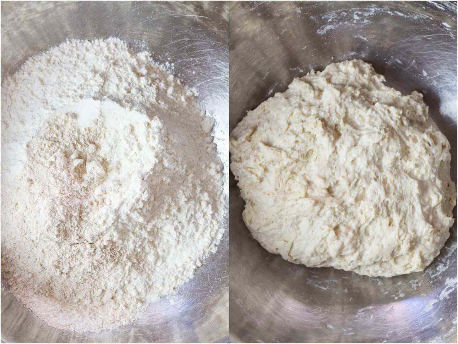 Two photos showing a bowl of flour and a bowl of dough after the flour has been mixed with water.. 