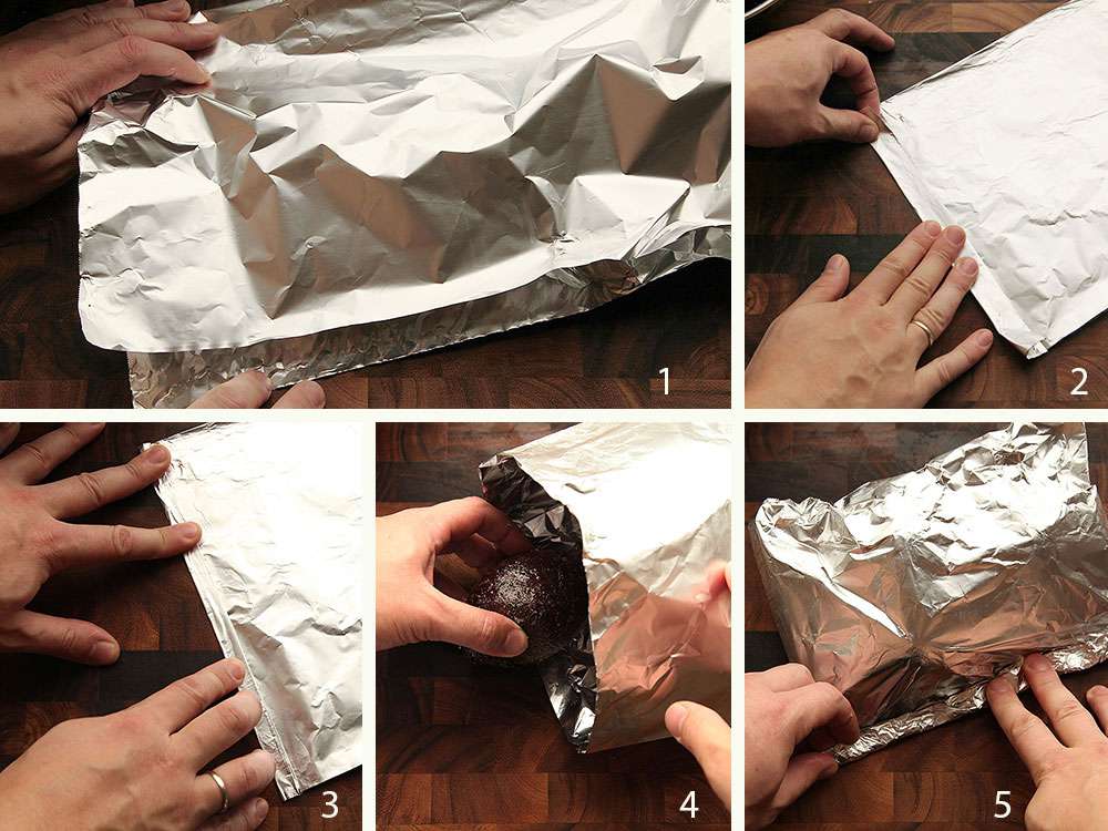Collage of 5 images illustrating the steps to creating a foil pouch to roast beets. Image 1 shows folding aluminium foil in half. Image 2 and 3 show crimping the edges of the foil. Image 4 shows placing a beet into the aluminium pouch. Image 5 shows closing the pouch.