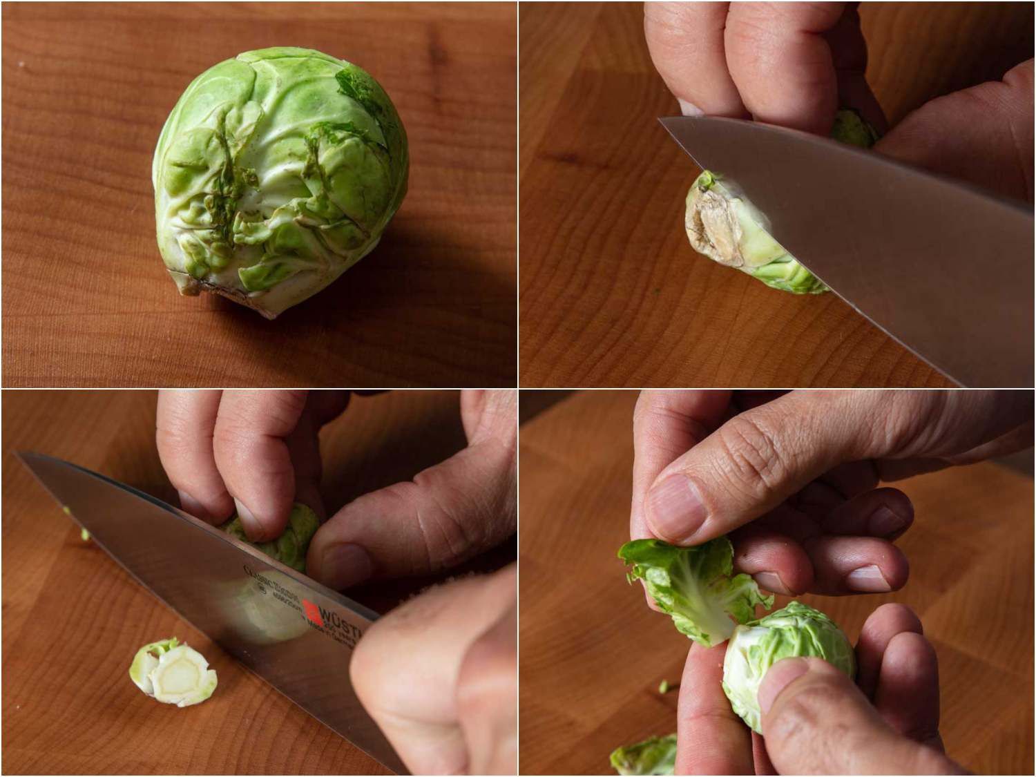 A collage showing how to remove the outer (often damaged) leaves of a Brussels sprout: trim off the base with a knife; this should help disconnect those outer leaves where they attach to the core. The leaves can then be pulled off. If you need to remove more, simply cut a bit more of the base off to detach more leaves and repeat.