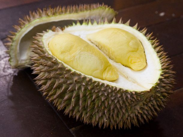 An open durian fruit. 
