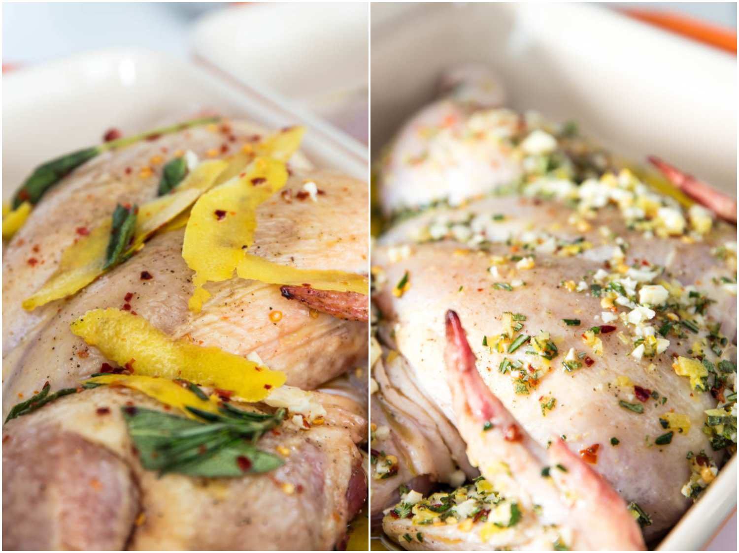 Two photos of chicken seasoned for cooking under a brick: one covered in strips of lemon zest and whole herbs, the other covered in minced lemon zest and herbs.