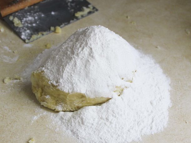 Gluten free flour blend is added to the potato-egg mixture.