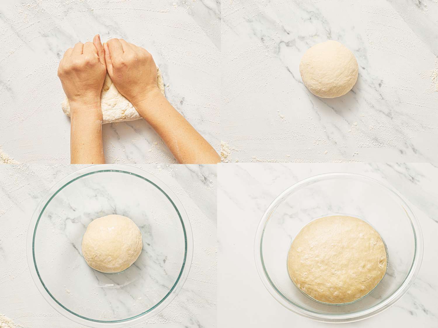 Hands kneading dough, a ball of dough resting, dough in a bowl, and risen dough in a bowl.