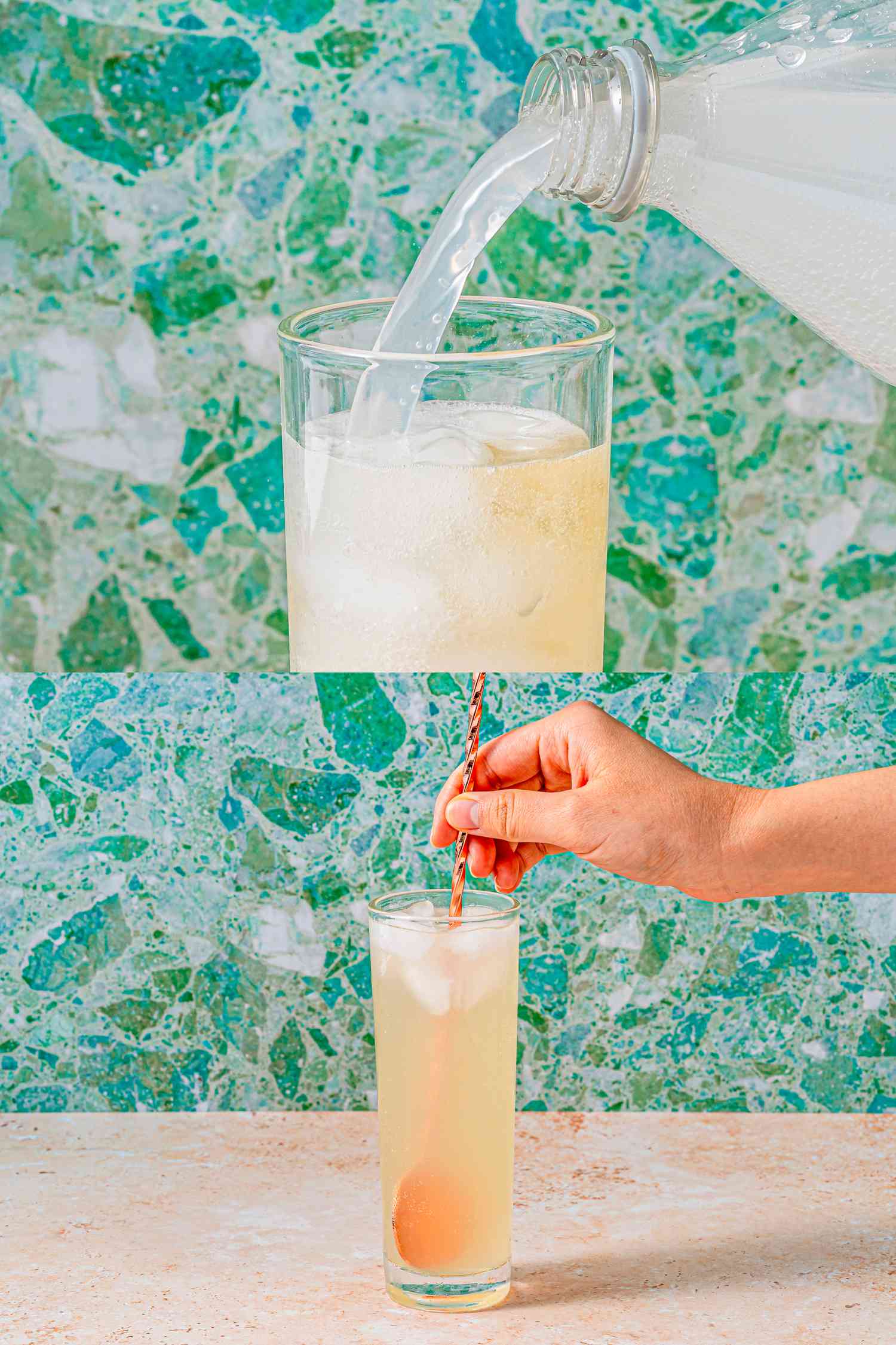 Two image collage of adding grapefruit soda and stirring 