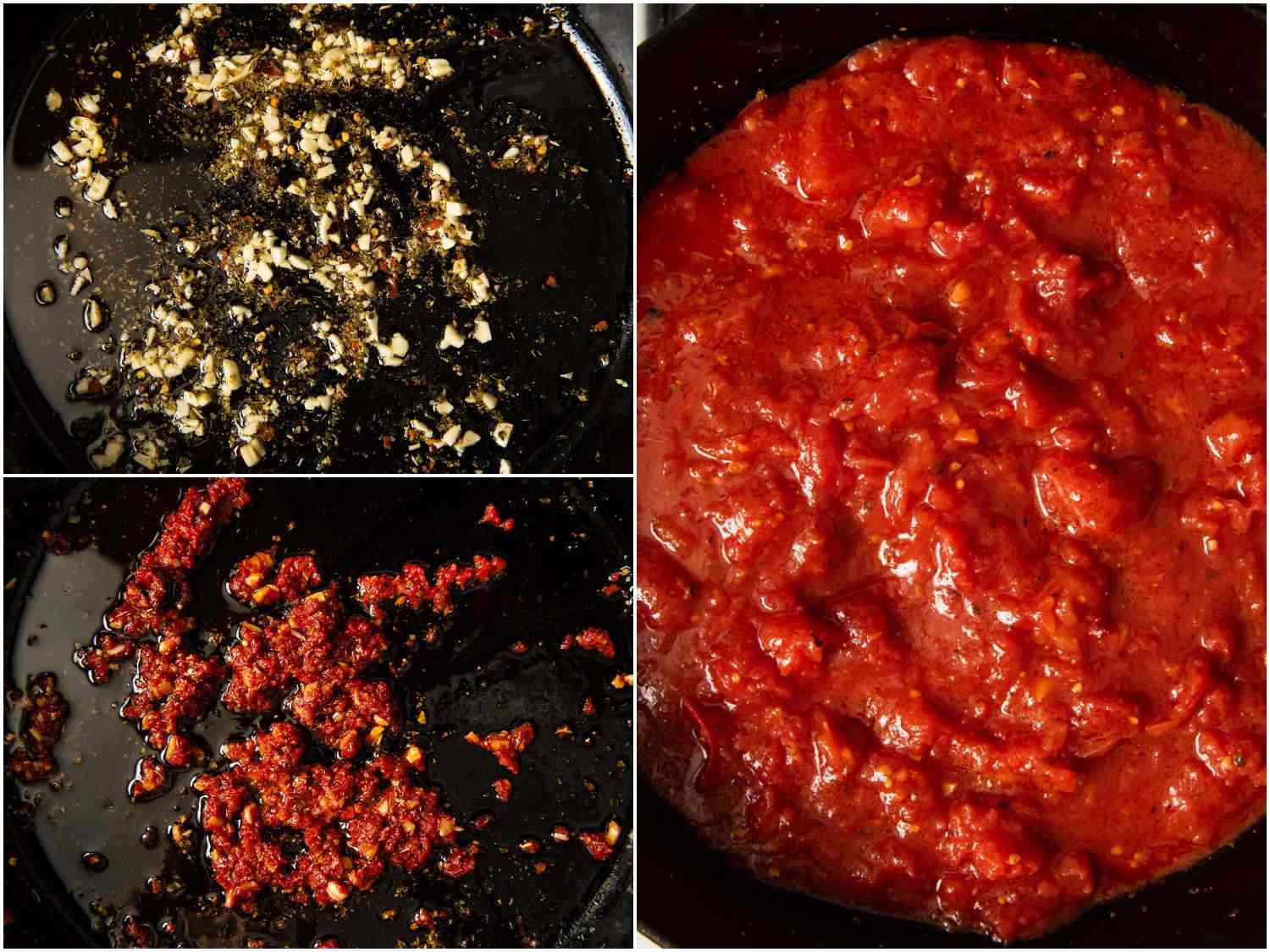 Collage of cooking the tomato sauce.