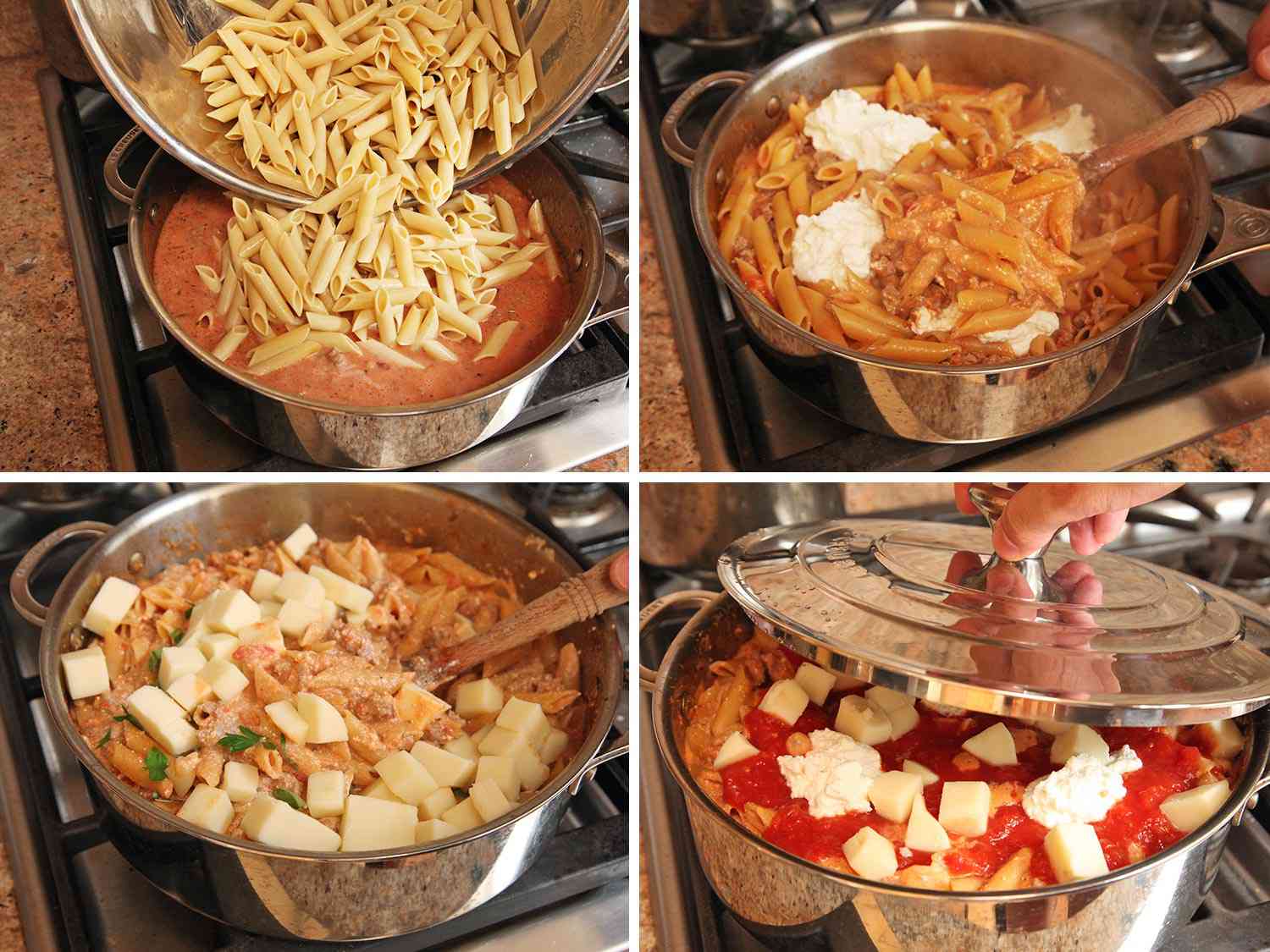 A collage: adding pasta to the sauce, adding ricotta and mozzarella to the sauce and covering the pan with a lid. 