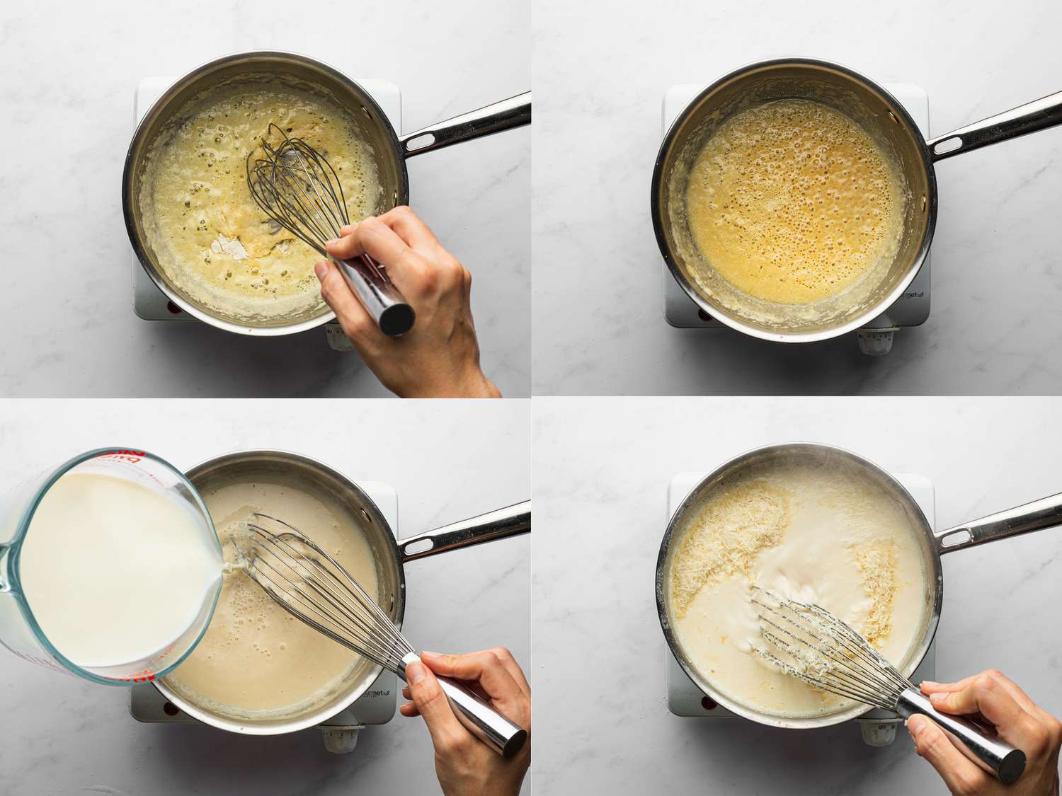 Whisking flour with melted butter inside medium saucepan over medium-high heat