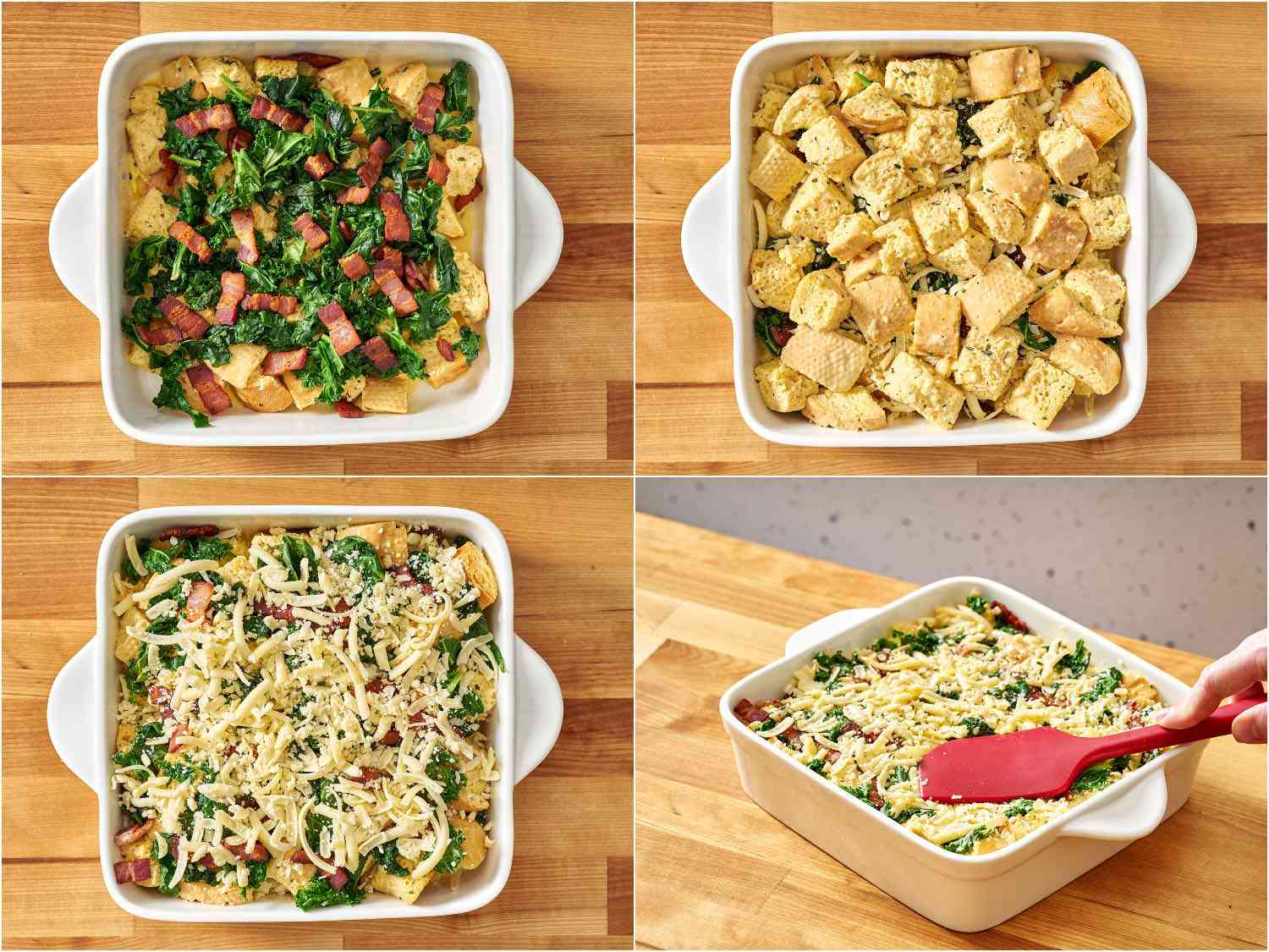 Collage showing layering of strata, with final photo showing flexible spatula pressing down on the contents of baking dish