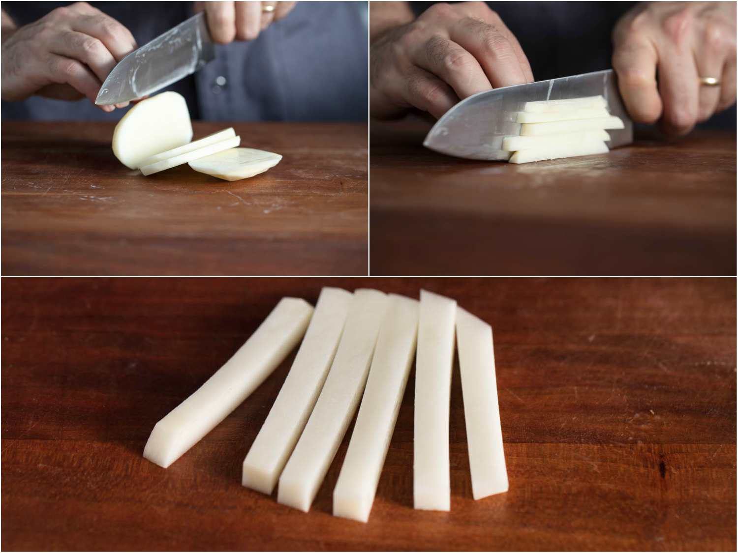 Process photos of cutting potato sticks for French fries with only a knife: slicing slabs, cutting slabs into sticks, finished sticks.