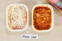 An uncooked meal next to a meal cooked in the Magic Chef 1.1 Microwave