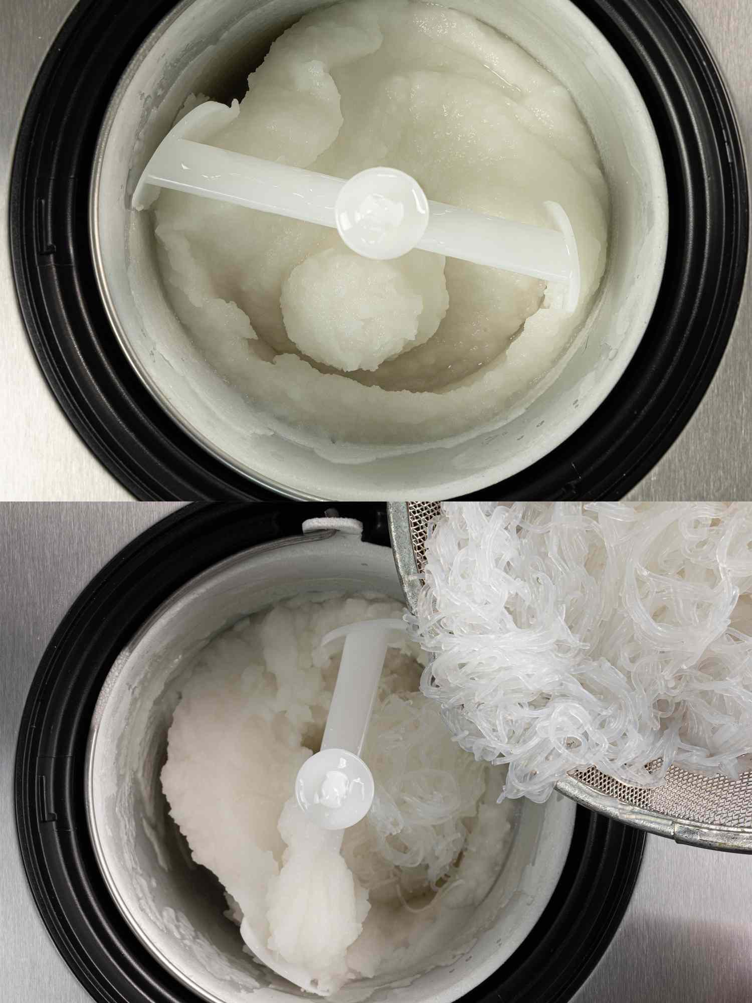 Two image collage of faloodeh in ice cream make and noodles being added