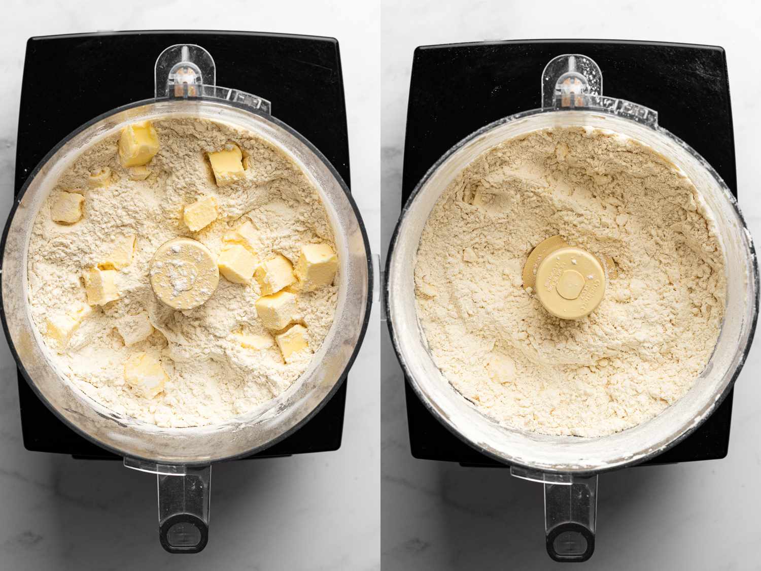 A two-image collage. The left image shows the flour and large chunks of butter inside of a black food processor. The right image shows the flour with the butter now processed into it, still inside of the food processor.
