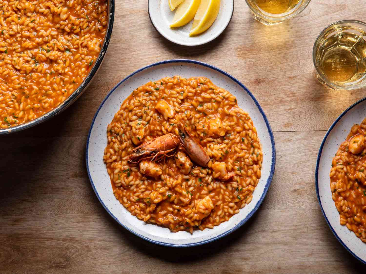 Overhead of a plate of shrimp risotto