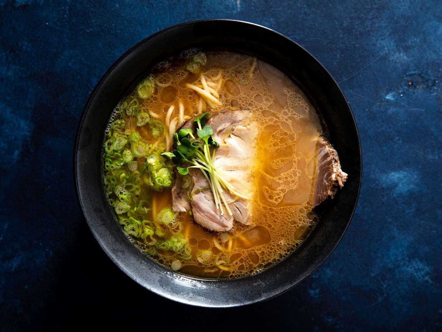 Overhead view of bowl of ramen with homemade alkaline noodles.