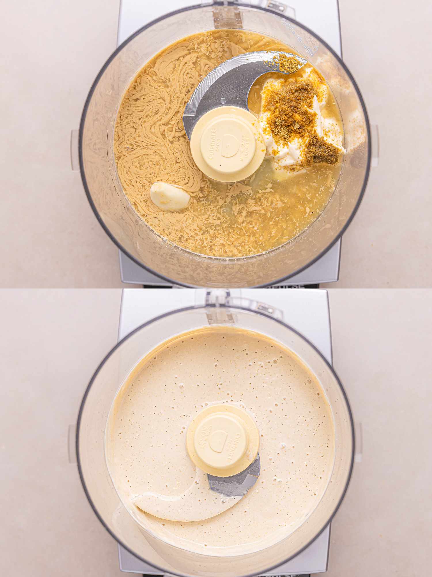 2 image collage. Top: Tahini and spices in food processor. Bottom: Ingredients processed till emulsified 