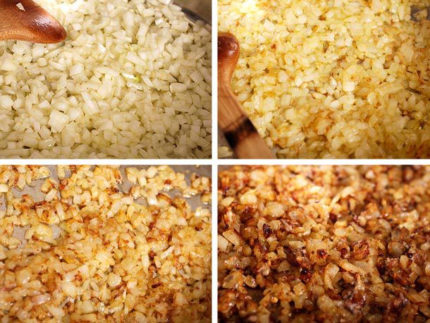 Collage of chopped onions being caramelized in a pan until deep golden brown.