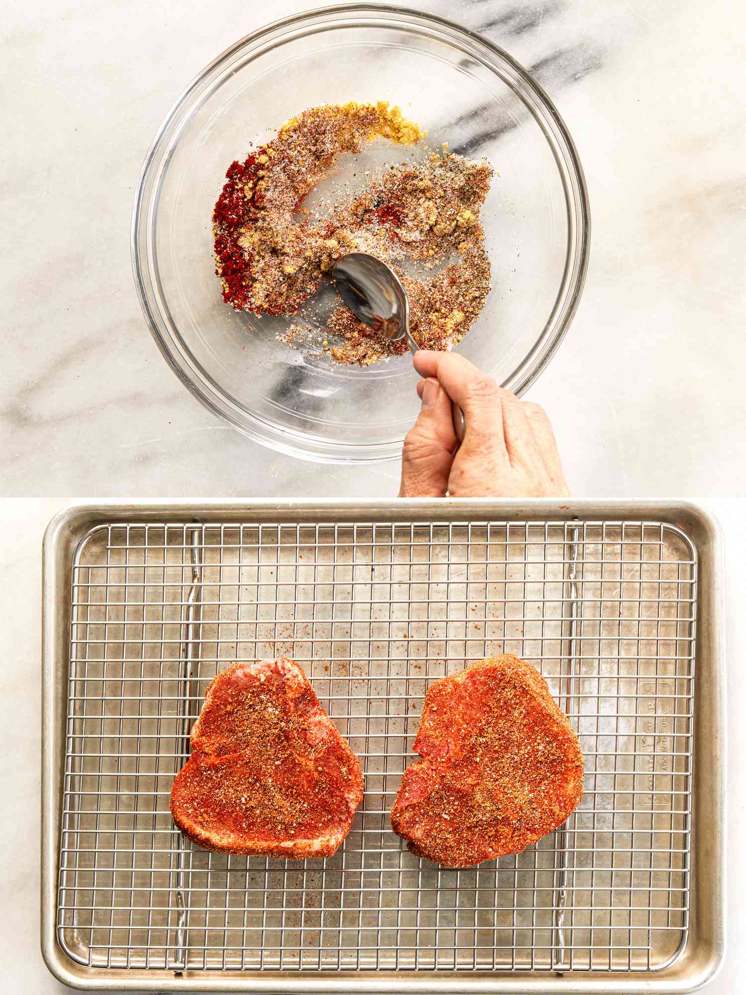 Blending seasonings in a bowl and two pork chops on a wire rack set in a rimmed baking sheet.