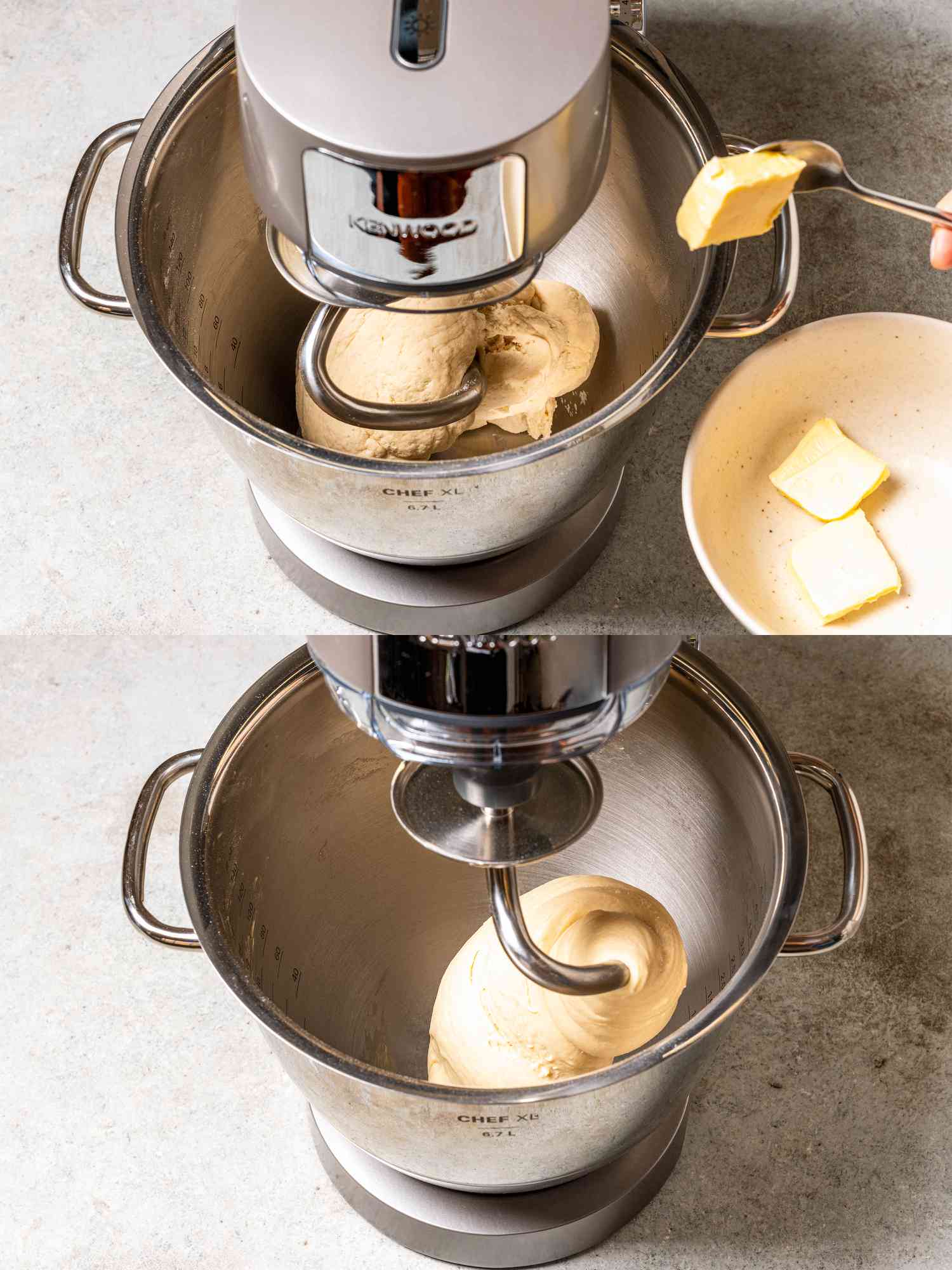 Two image collage of adding butter to dough