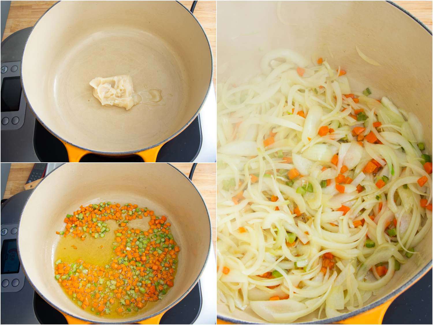 A collage showing how to cook the onions, celery, and carrots in an enamel cast iron Dutch oven.