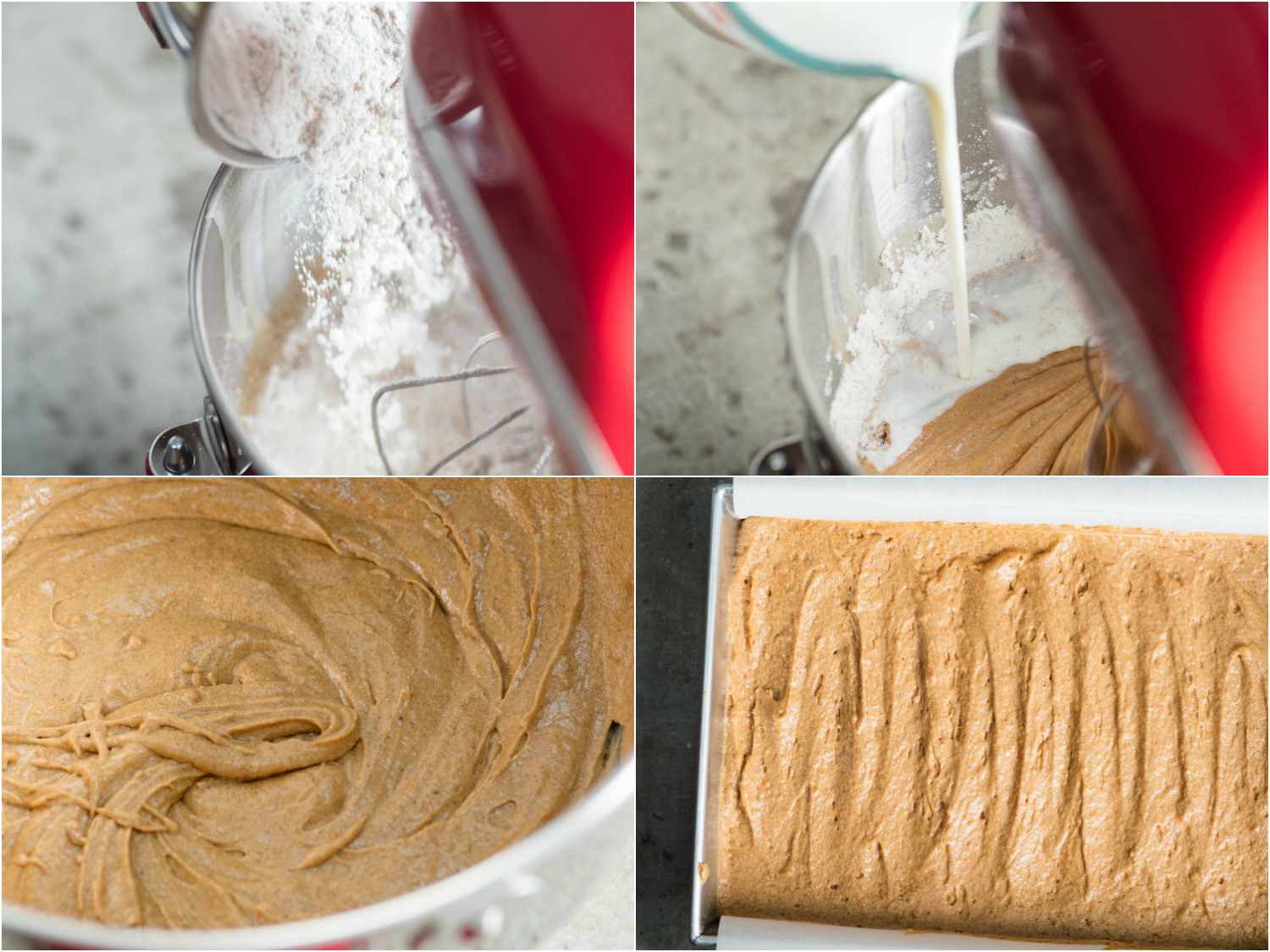 Collage showing the flours being added to the stand mixer, the finished cake batter, and a parchment-lined cake pan with the batter added and spread out evenly. 