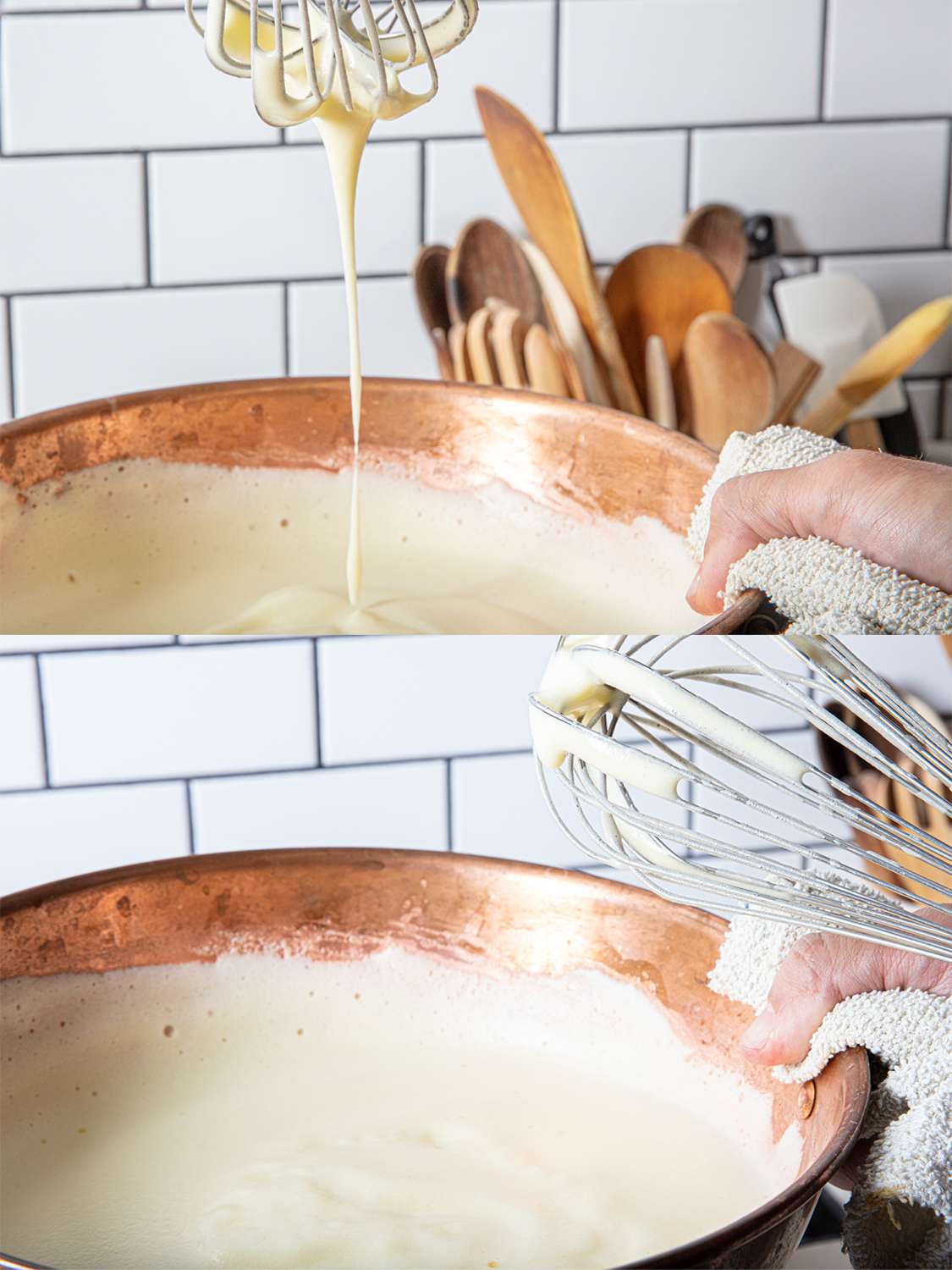 Two image collage. Top image: Zabaglione dripping into copper bowl. Bottom: 8 second test of mound flattening in bowl.