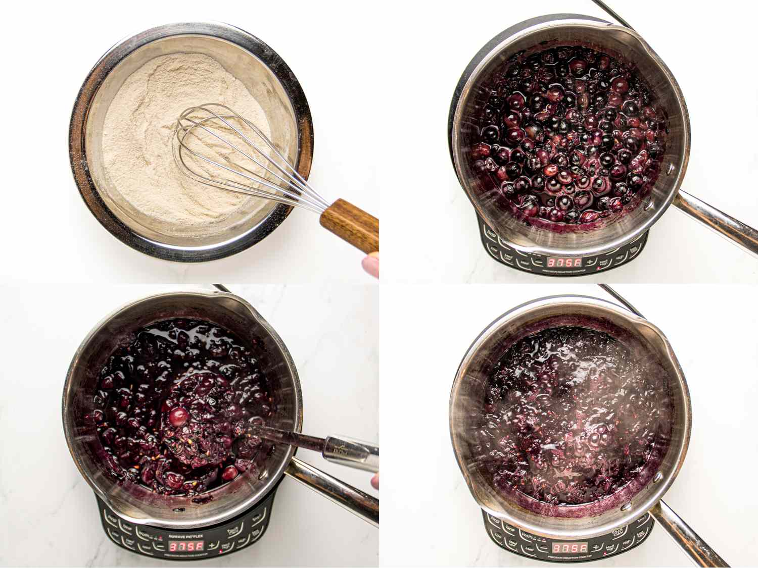 Stepbystep cooking process for peanut butter jelly pie whisking and cooking jelly in small pots
