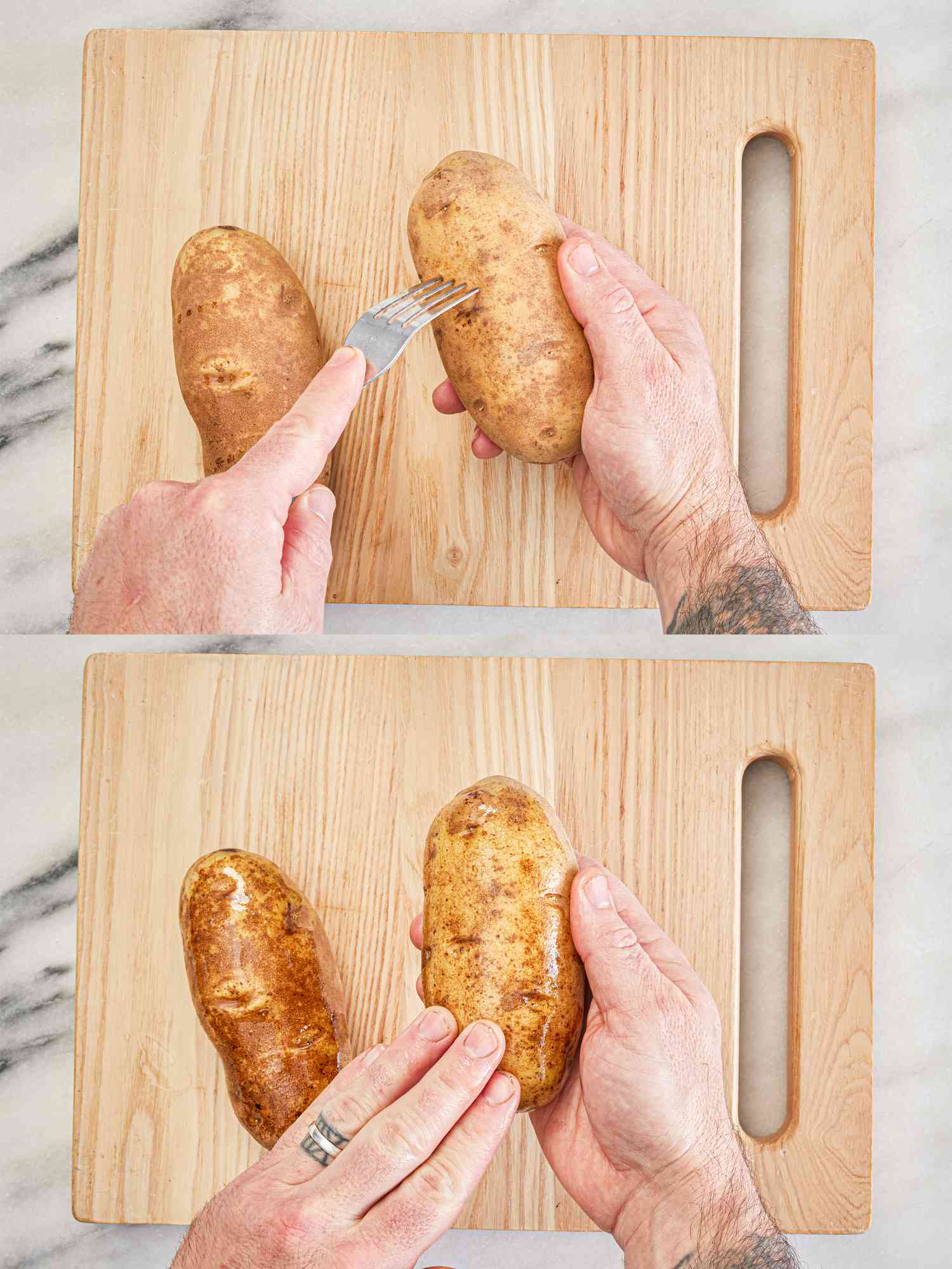 Overhead view of prepping potato