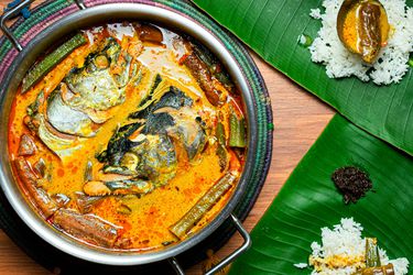 Overhead view of fish head curry
