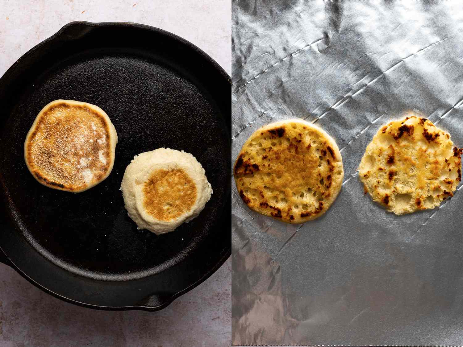 A two-image collage. The left image shows a split English muffin being toasted inside of a cast iron skillet. The right image shows the split English muffin, toasted-side up, on a sheet of aluminum foil.