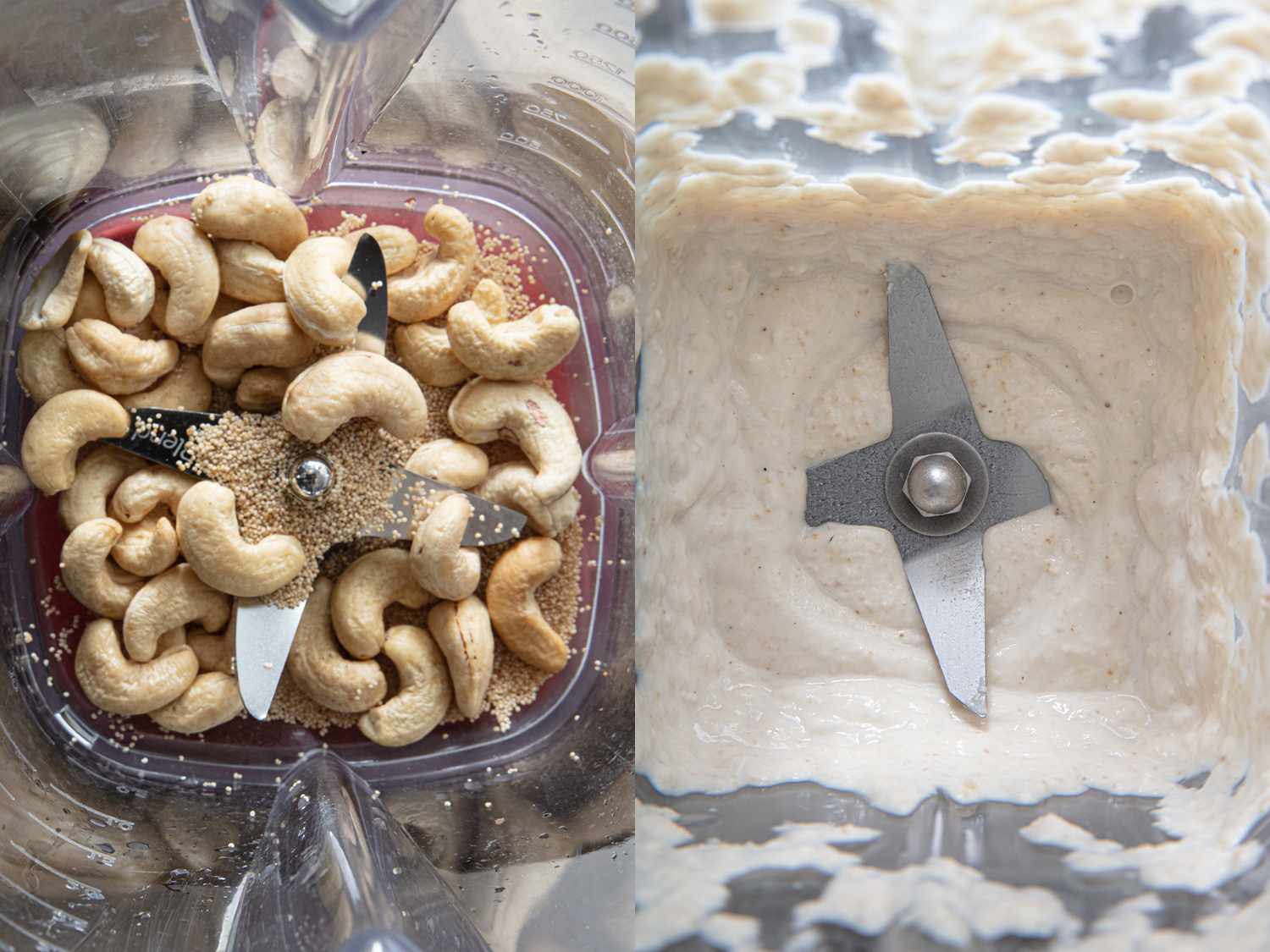 Two image collage, looking into a blender, of whole cashews and spices before and after being blended