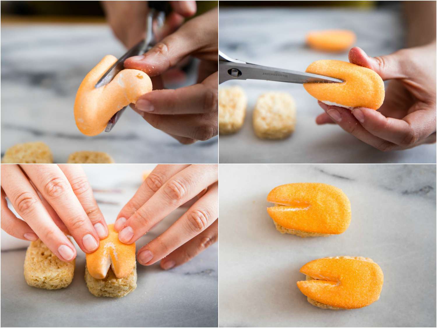 Cutting a peep to resemble salmon on nigiri made of a Rice Krispy treat.