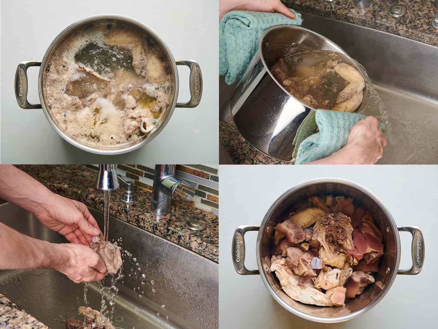 A four-image collage. The top left image shows chicken, pork trotters, and ham coming to a boil in water in a large stockpot. The top right image shows the contents of the stockpot being dumped into a clean sink. The bottom left image shows a pair of hands cleaning the blanched boats and meat under cold running water. The bottom right image shows the cleaned bones and meat returned to the stockpot.